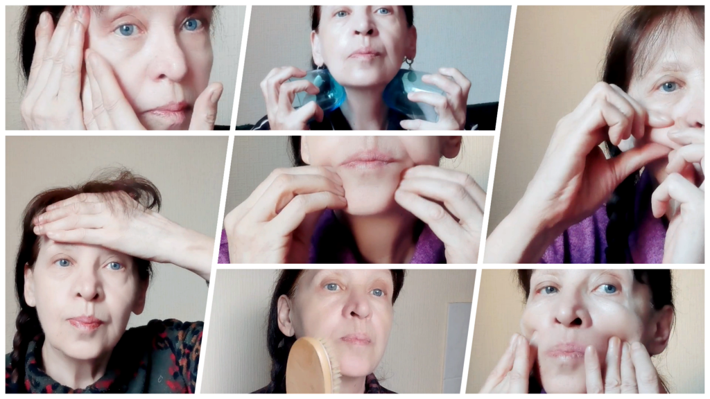 a collage of facial massage course methods A collage of self-facial massage course methods.
