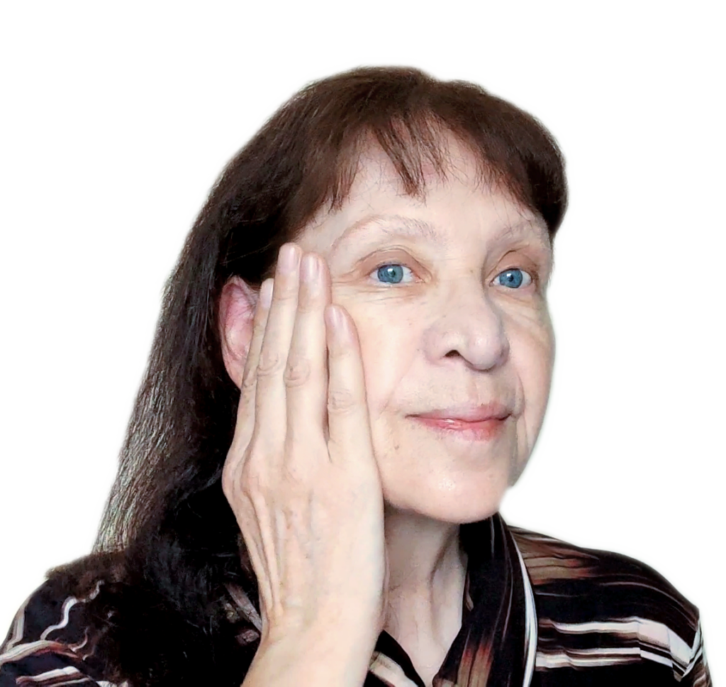 face massage course page a woman holds one hand on her face A woman keeps her hands on her face.